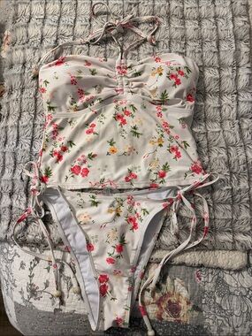 White Floral Ruched Tankini Swimsuit